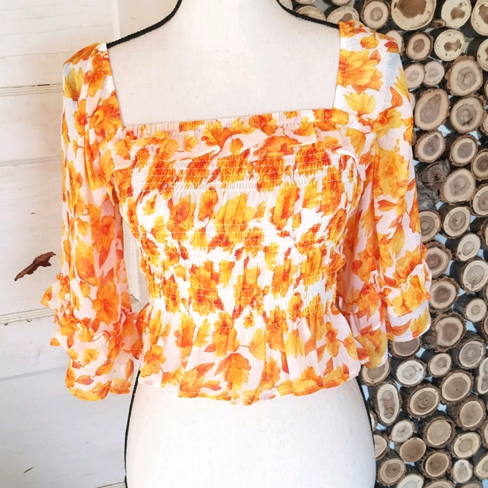 Lulu's Sheer Orange Floral Ruched Ruffled Crop Top